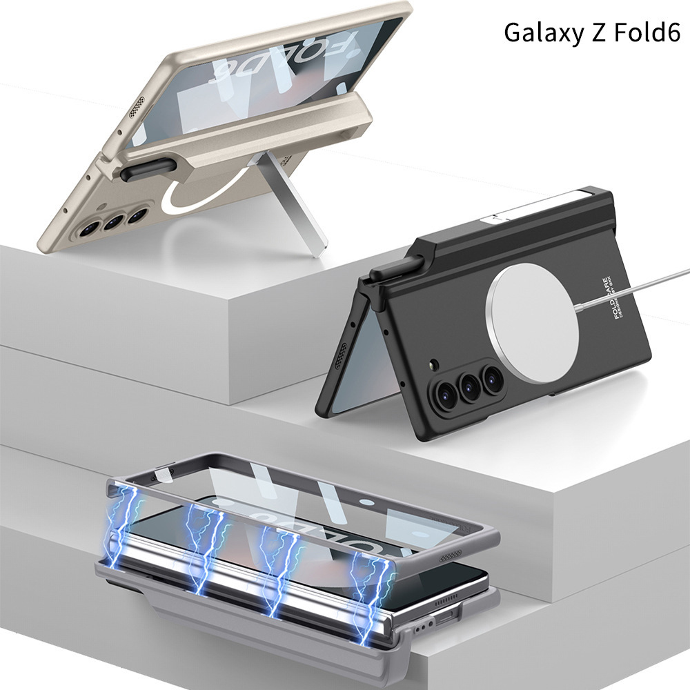 Compatible with Samsung Z Fold6 phone case, magnetic hinge stand, pen case, wireless charger, W25 full-coverage protective case.