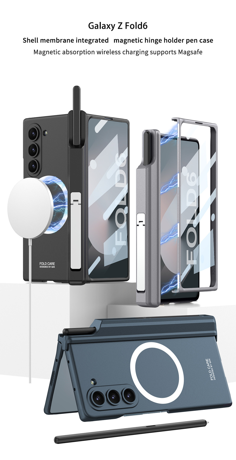 Compatible with Samsung Z Fold6 phone case, magnetic hinge stand, pen case, wireless charger, W25 full-coverage protective case.