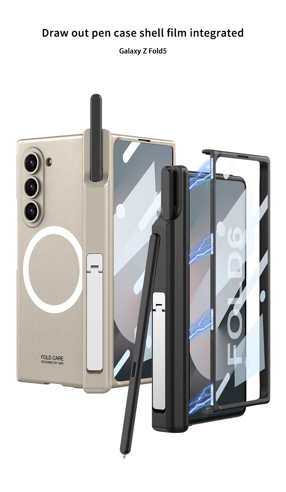 Compatible with Samsung Z Fold6 phone case, magnetic hinge stand, pen case, wireless charger, W25 full-coverage protective case.
