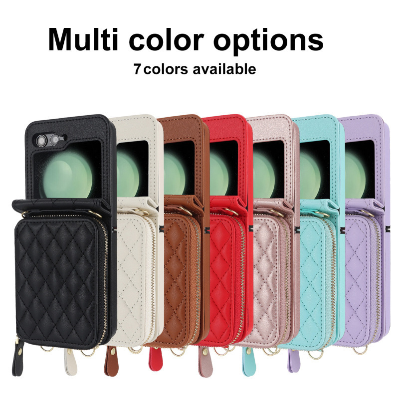 Compatible with Samsung Z Flip 7/6/5 phone case, 4/3-inch Chanel-style zipper card holder, fashionable crossbody shoulder strap protective case