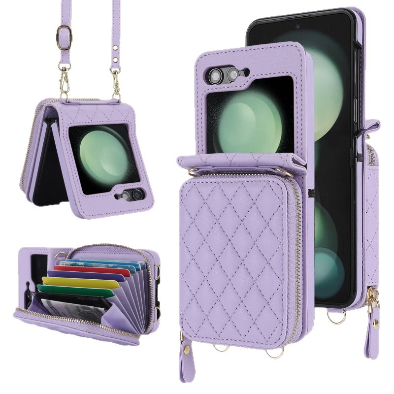 Compatible with Samsung Z Flip 7/6/5 phone case, 4/3-inch Chanel-style zipper card holder, fashionable crossbody shoulder strap protective case