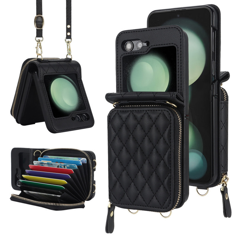 Compatible with Samsung Z Flip 7/6/5 phone case, 4/3-inch Chanel-style zipper card holder, fashionable crossbody shoulder strap protective case