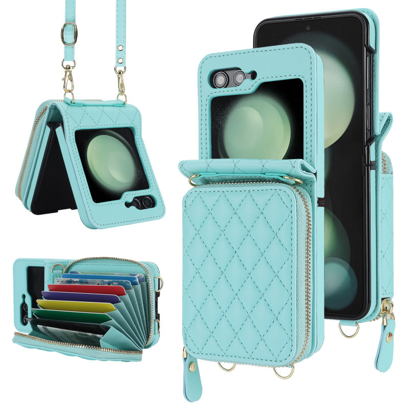 Compatible with Samsung Z Flip 7/6/5 phone case, 4/3-inch Chanel-style zipper card holder, fashionable crossbody shoulder strap protective case