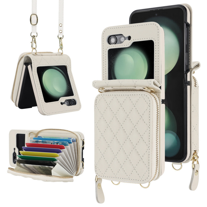 Compatible with Samsung Z Flip 7/6/5 phone case, 4/3-inch Chanel-style zipper card holder, fashionable crossbody shoulder strap protective case