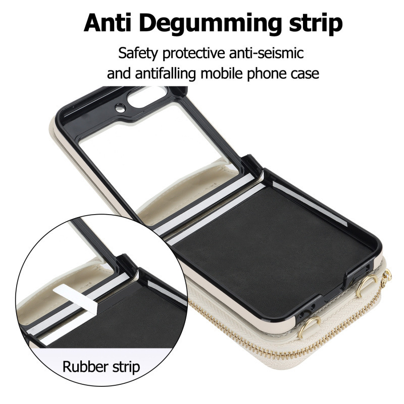 Compatible with Samsung Z Flip 7/6/5 phone case, 4/3-inch Chanel-style zipper card holder, fashionable crossbody shoulder strap protective case