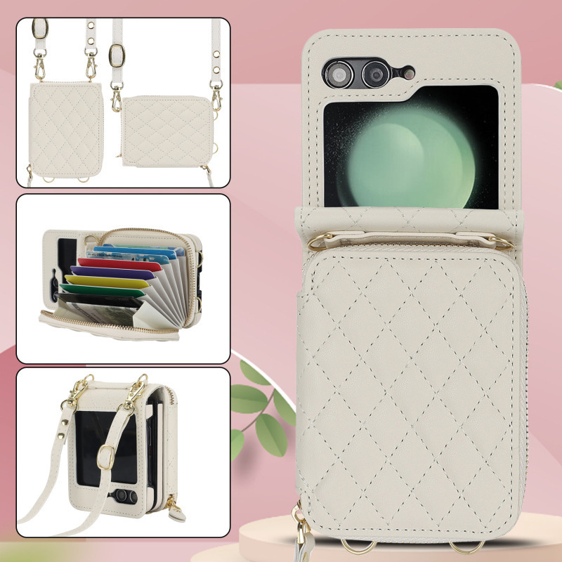 Compatible with Samsung Z Flip 7/6/5 phone case, 4/3-inch Chanel-style zipper card holder, fashionable crossbody shoulder strap protective case
