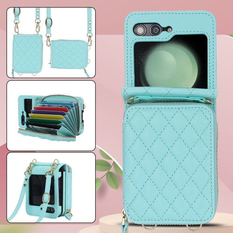 Compatible with Samsung Z Flip 7/6/5 phone case, 4/3-inch Chanel-style zipper card holder, fashionable crossbody shoulder strap protective case