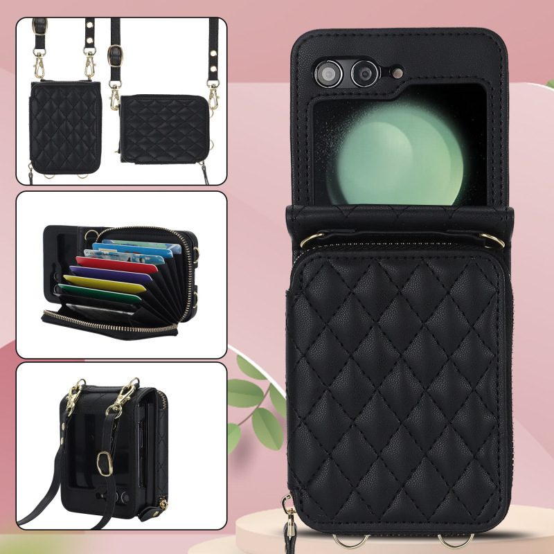 Compatible with Samsung Z Flip 7/6/5 phone case, 4/3-inch Chanel-style zipper card holder, fashionable crossbody shoulder strap protective case