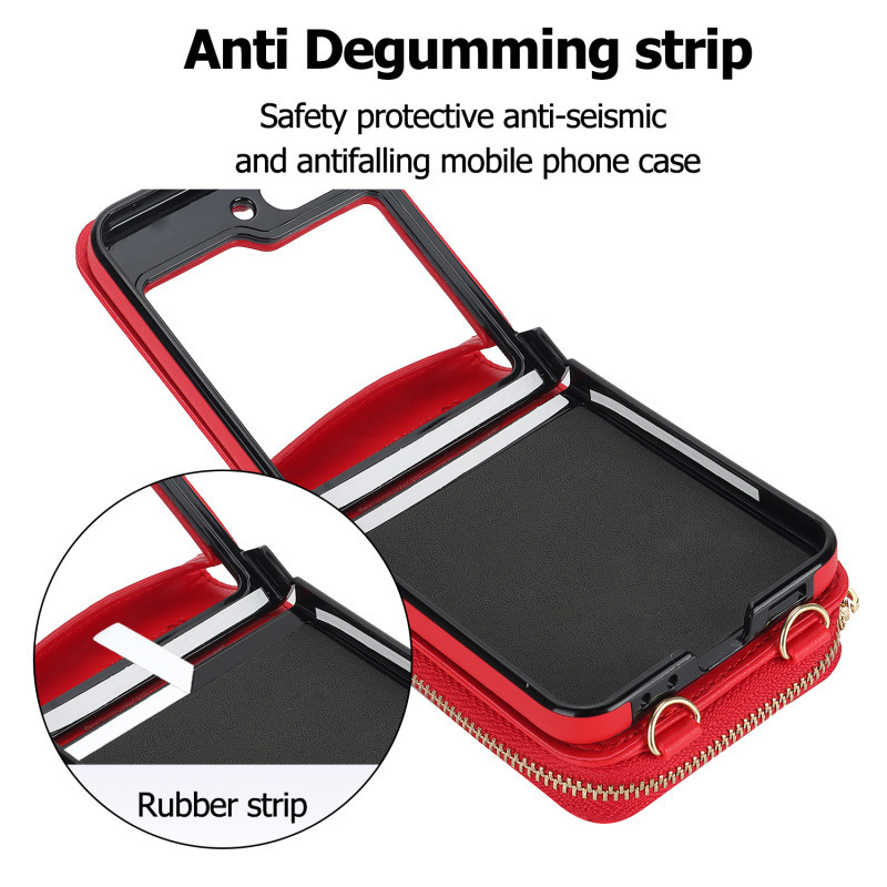 Compatible with Samsung Z Flip 7/6/5 phone case, 4/3-inch Chanel-style zipper card holder, fashionable crossbody shoulder strap protective case