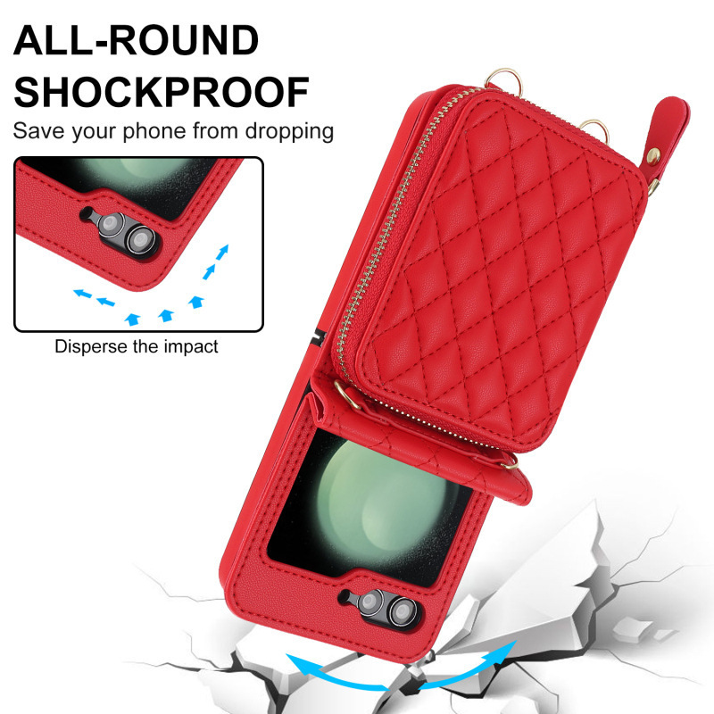 Compatible with Samsung Z Flip 7/6/5 phone case, 4/3-inch Chanel-style zipper card holder, fashionable crossbody shoulder strap protective case