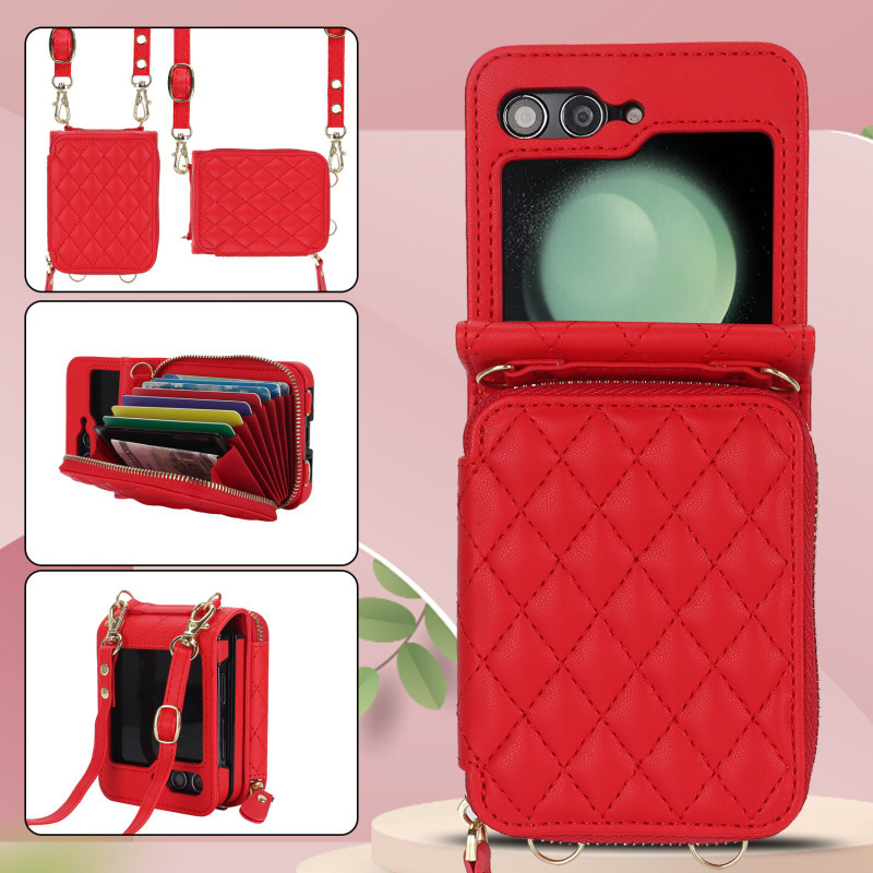 Compatible with Samsung Z Flip 7/6/5 phone case, 4/3-inch Chanel-style zipper card holder, fashionable crossbody shoulder strap protective case
