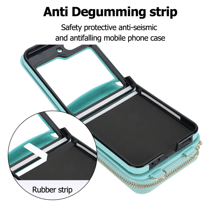 Compatible with Samsung Z Flip 7/6/5 phone case, 4/3-inch Chanel-style zipper card holder, fashionable crossbody shoulder strap protective case