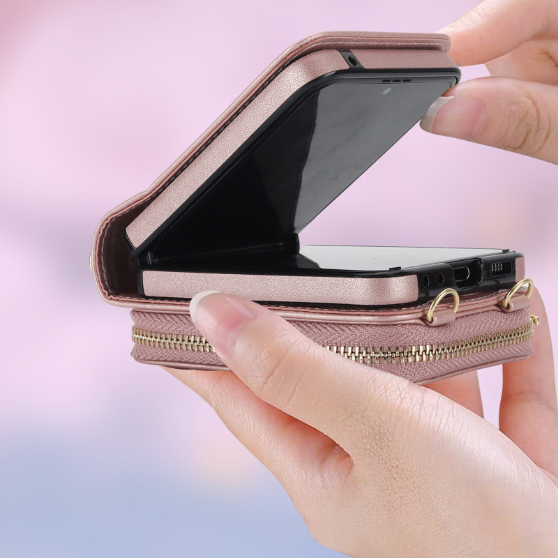 Compatible with Samsung Z Flip 7/6/5 phone case, 4/3-inch Chanel-style zipper card holder, fashionable crossbody shoulder strap protective case