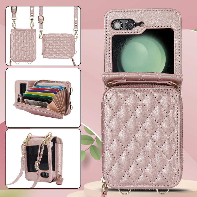 Compatible with Samsung Z Flip 7/6/5 phone case, 4/3-inch Chanel-style zipper card holder, fashionable crossbody shoulder strap protective case