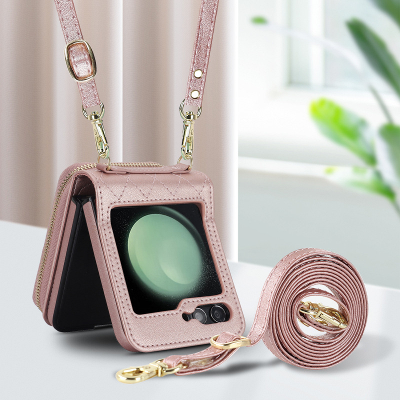 Compatible with Samsung Z Flip 7/6/5 phone case, 4/3-inch Chanel-style zipper card holder, fashionable crossbody shoulder strap protective case