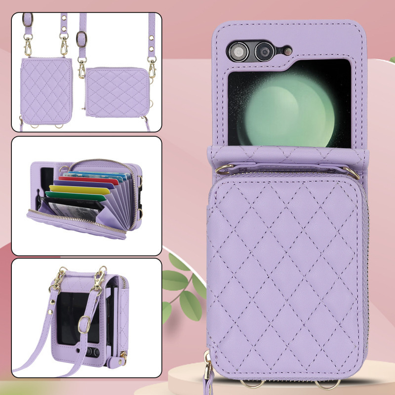 Compatible with Samsung Z Flip 7/6/5 phone case, 4/3-inch Chanel-style zipper card holder, fashionable crossbody shoulder strap protective case