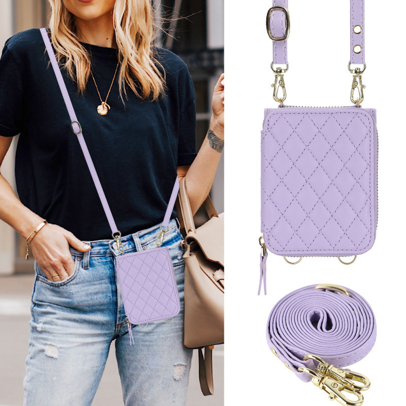 Compatible with Samsung Z Flip 7/6/5 phone case, 4/3-inch Chanel-style zipper card holder, fashionable crossbody shoulder strap protective case