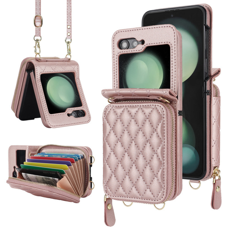 Compatible with Samsung Z Flip 7/6/5 phone case, 4/3-inch Chanel-style zipper card holder, fashionable crossbody shoulder strap protective case
