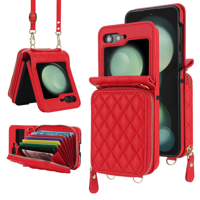 Compatible with Samsung Z Flip 7/6/5 phone case, 4/3-inch Chanel-style zipper card holder, fashionable crossbody shoulder strap protective case