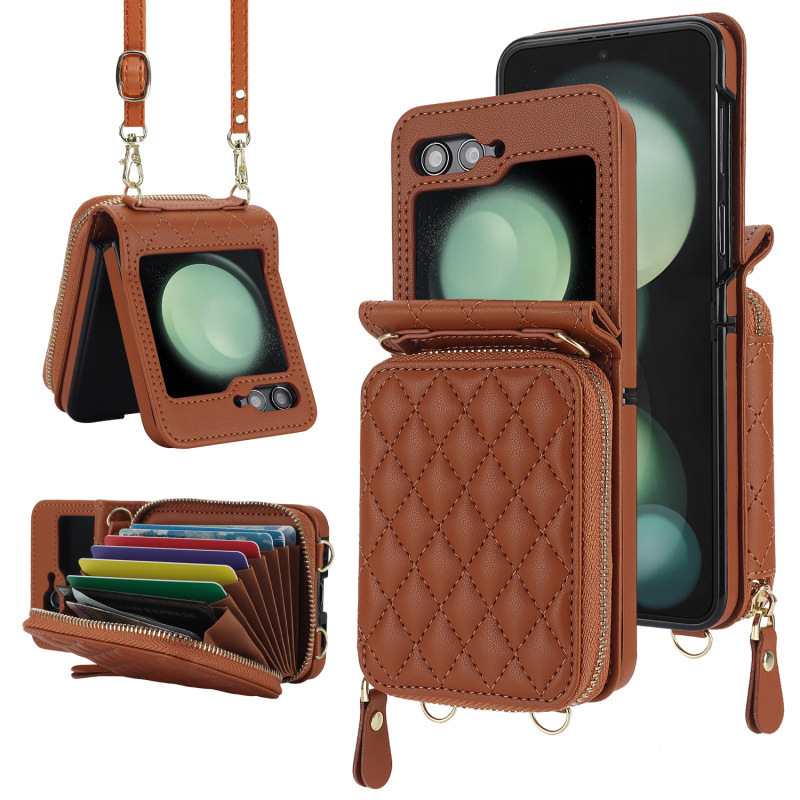 Compatible with Samsung Z Flip 7/6/5 phone case, 4/3-inch Chanel-style zipper card holder, fashionable crossbody shoulder strap protective case