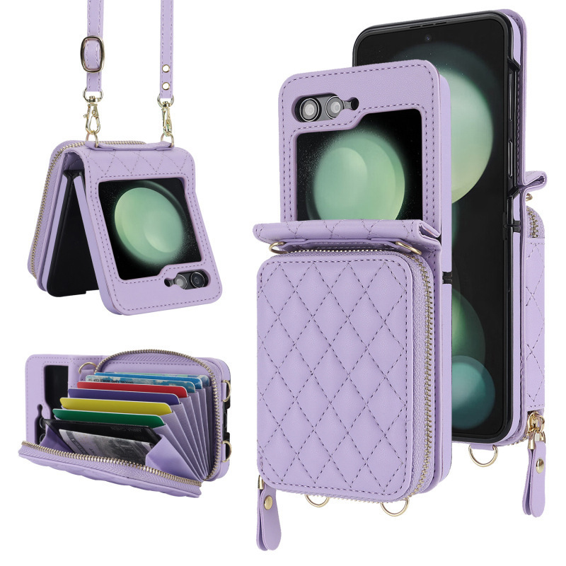 Compatible with Samsung Z Flip 7/6/5 phone case, 4/3-inch Chanel-style zipper card holder, fashionable crossbody shoulder strap protective case