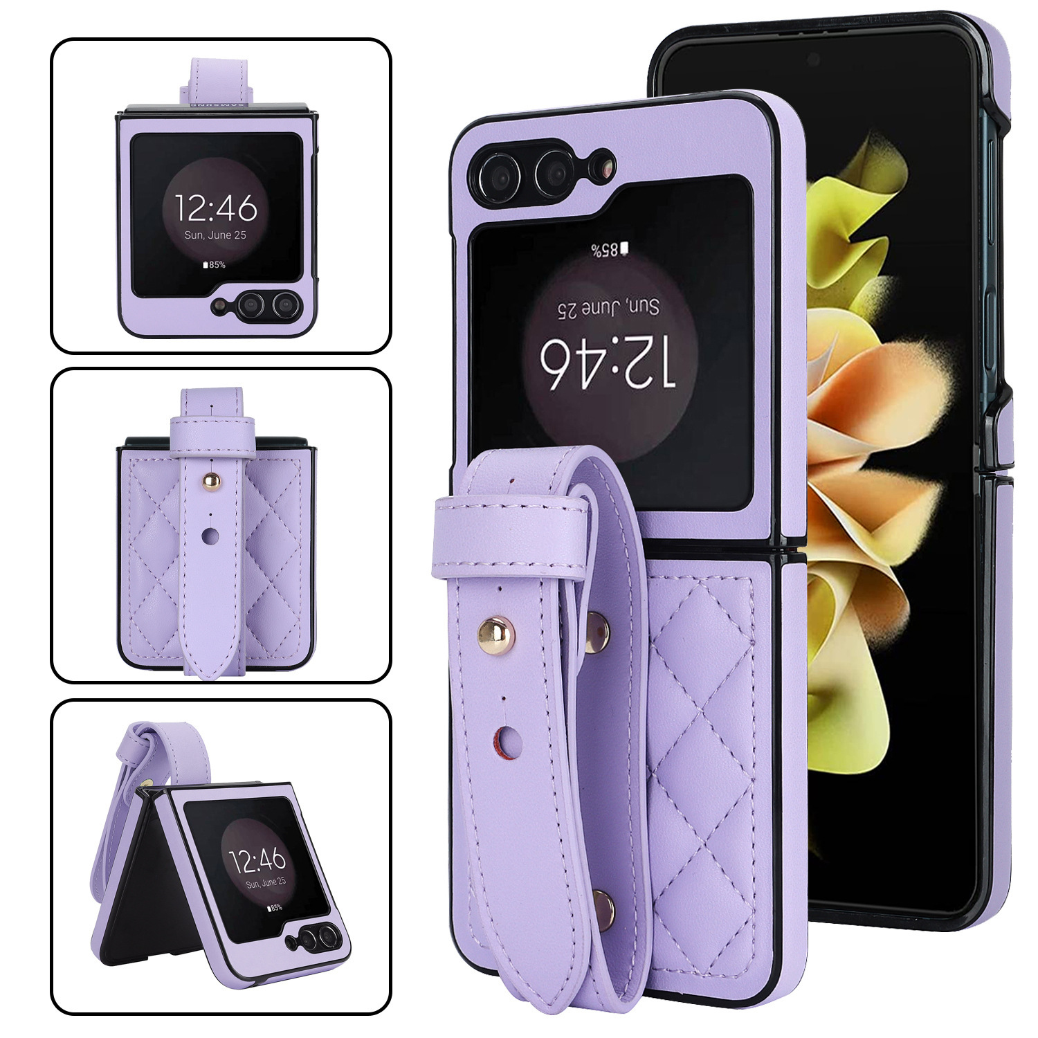 Compatible with Samsung ZFlip 7/6/5 phone cases, 4/3 vegan leather diamond pattern, Huawei/OPPO wrist strap folding protective case