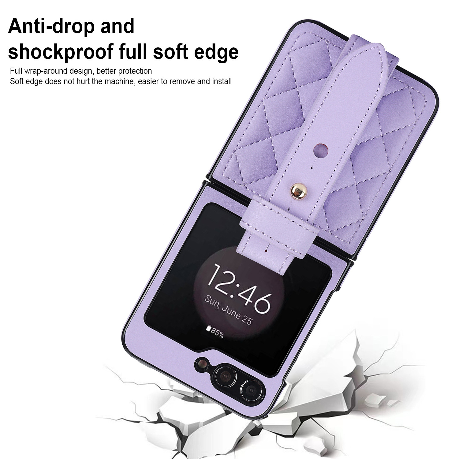Compatible with Samsung ZFlip 7/6/5 phone cases, 4/3 vegan leather diamond pattern, Huawei/OPPO wrist strap folding protective case