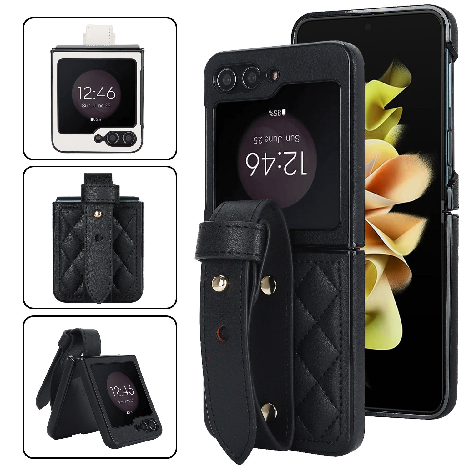 Compatible with Samsung ZFlip 7/6/5 phone cases, 4/3 vegan leather diamond pattern, Huawei/OPPO wrist strap folding protective case