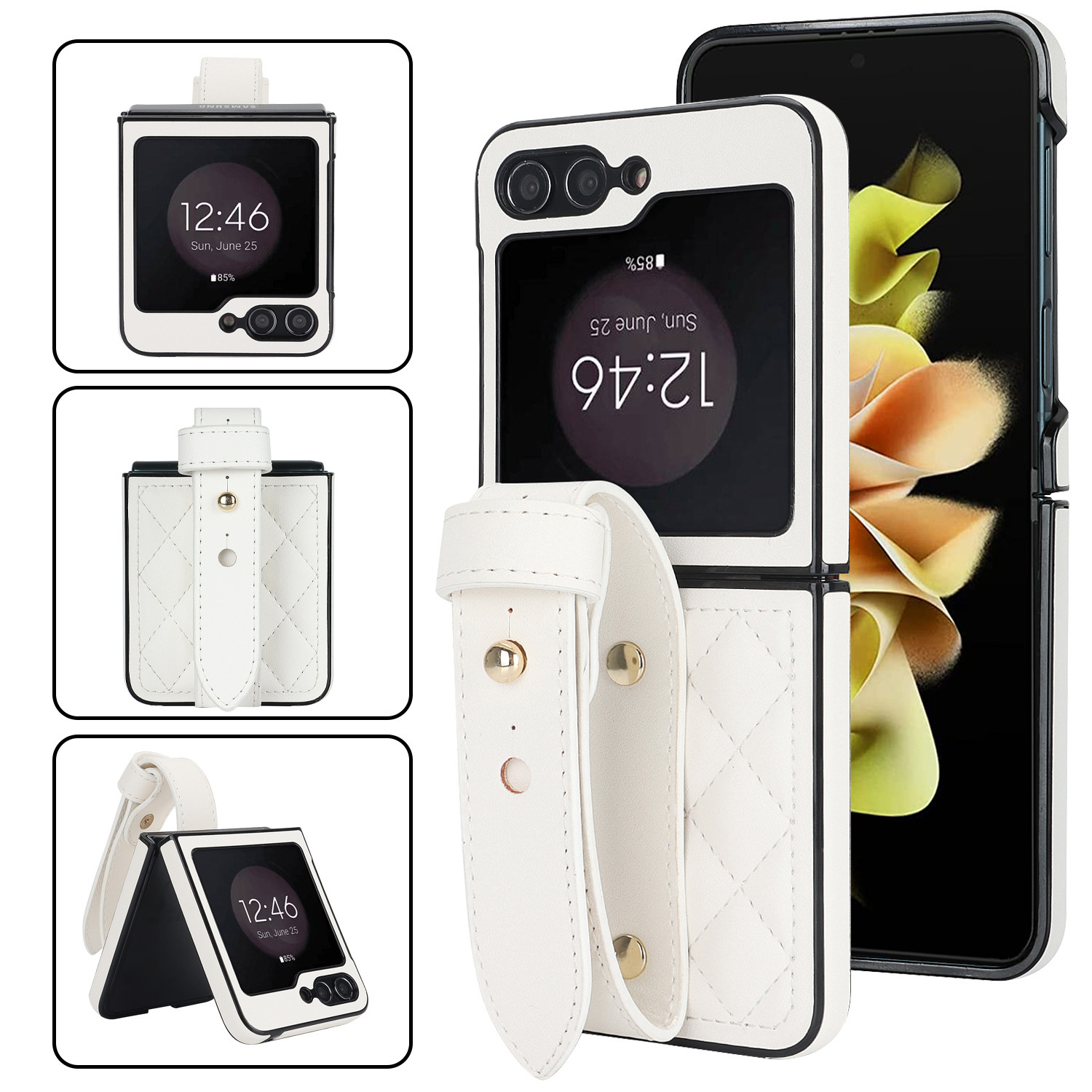 Compatible with Samsung ZFlip 7/6/5 phone cases, 4/3 vegan leather diamond pattern, Huawei/OPPO wrist strap folding protective case