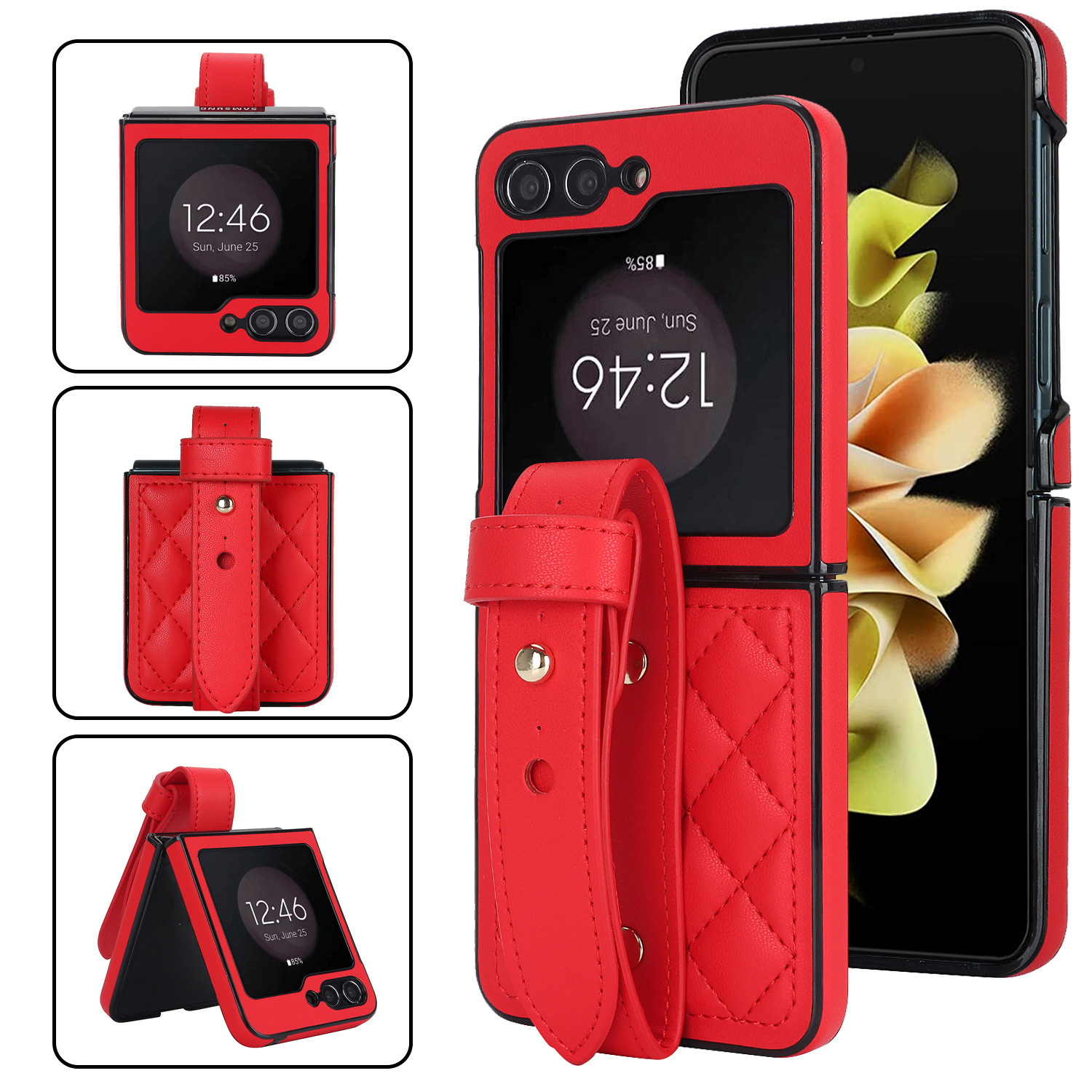 Compatible with Samsung ZFlip 7/6/5 phone cases, 4/3 vegan leather diamond pattern, Huawei/OPPO wrist strap folding protective case