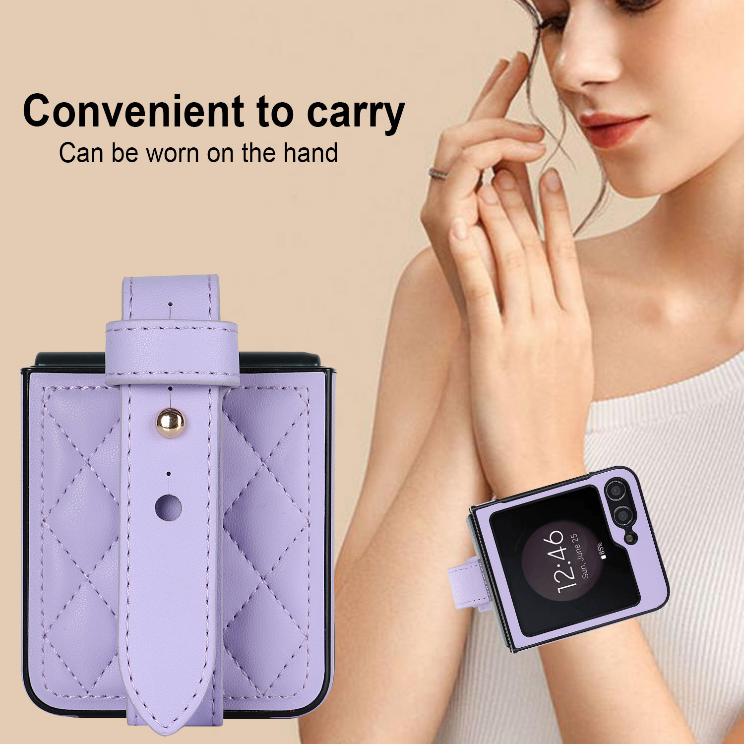 Compatible with Samsung ZFlip 7/6/5 phone cases, 4/3 vegan leather diamond pattern, Huawei/OPPO wrist strap folding protective case