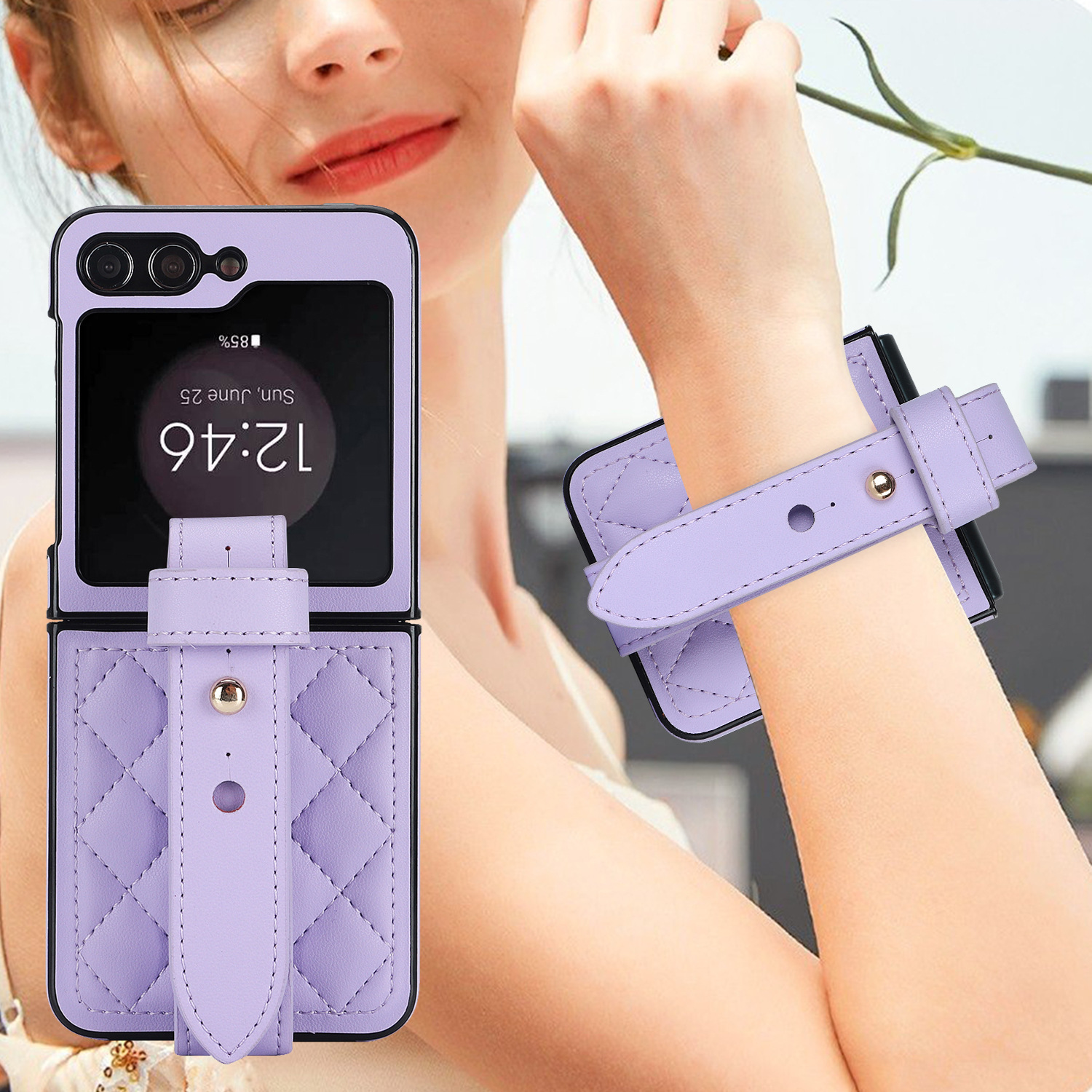 Compatible with Samsung ZFlip 7/6/5 phone cases, 4/3 vegan leather diamond pattern, Huawei/OPPO wrist strap folding protective case