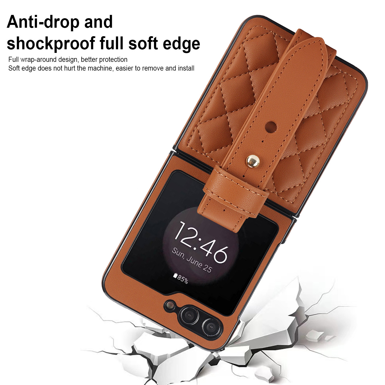 Compatible with Samsung ZFlip 7/6/5 phone cases, 4/3 vegan leather diamond pattern, Huawei/OPPO wrist strap folding protective case