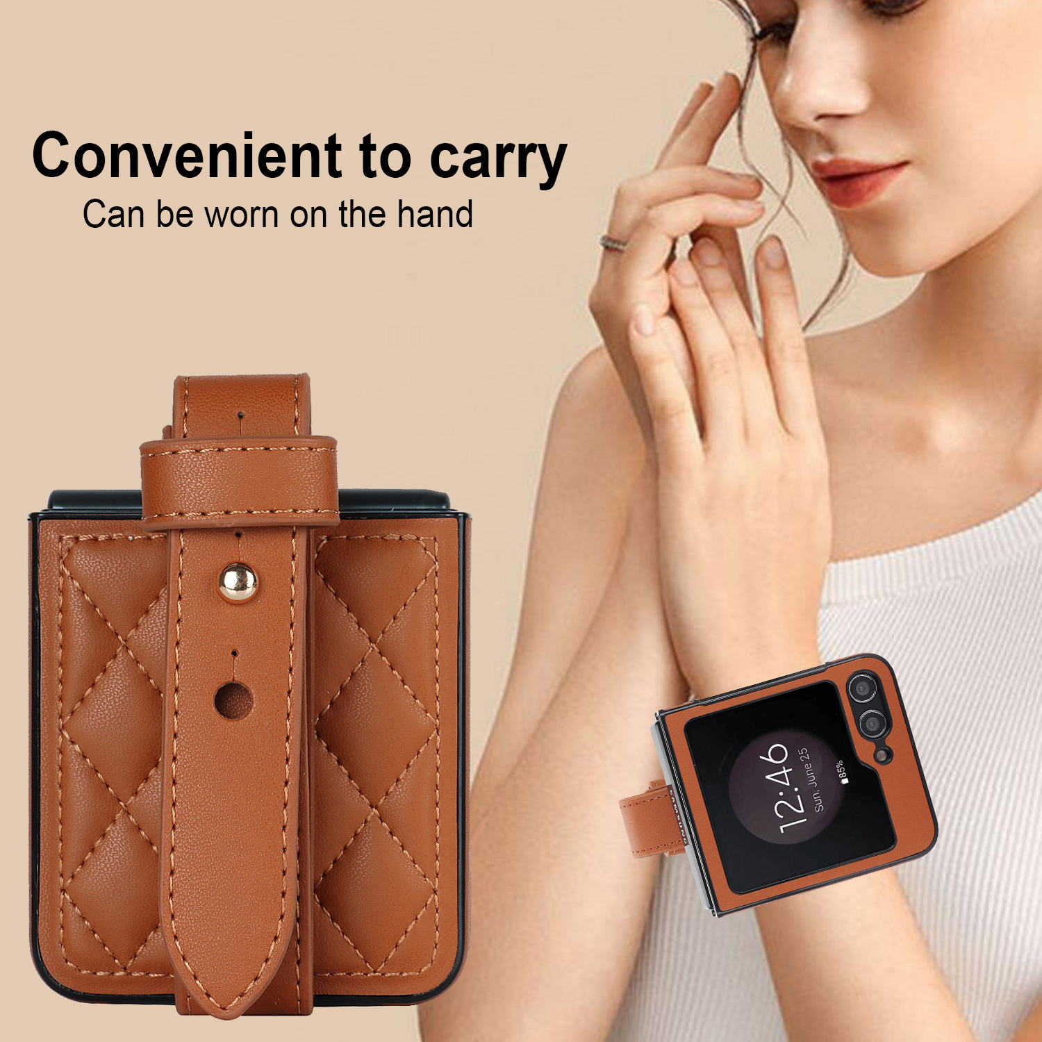 Compatible with Samsung ZFlip 7/6/5 phone cases, 4/3 vegan leather diamond pattern, Huawei/OPPO wrist strap folding protective case