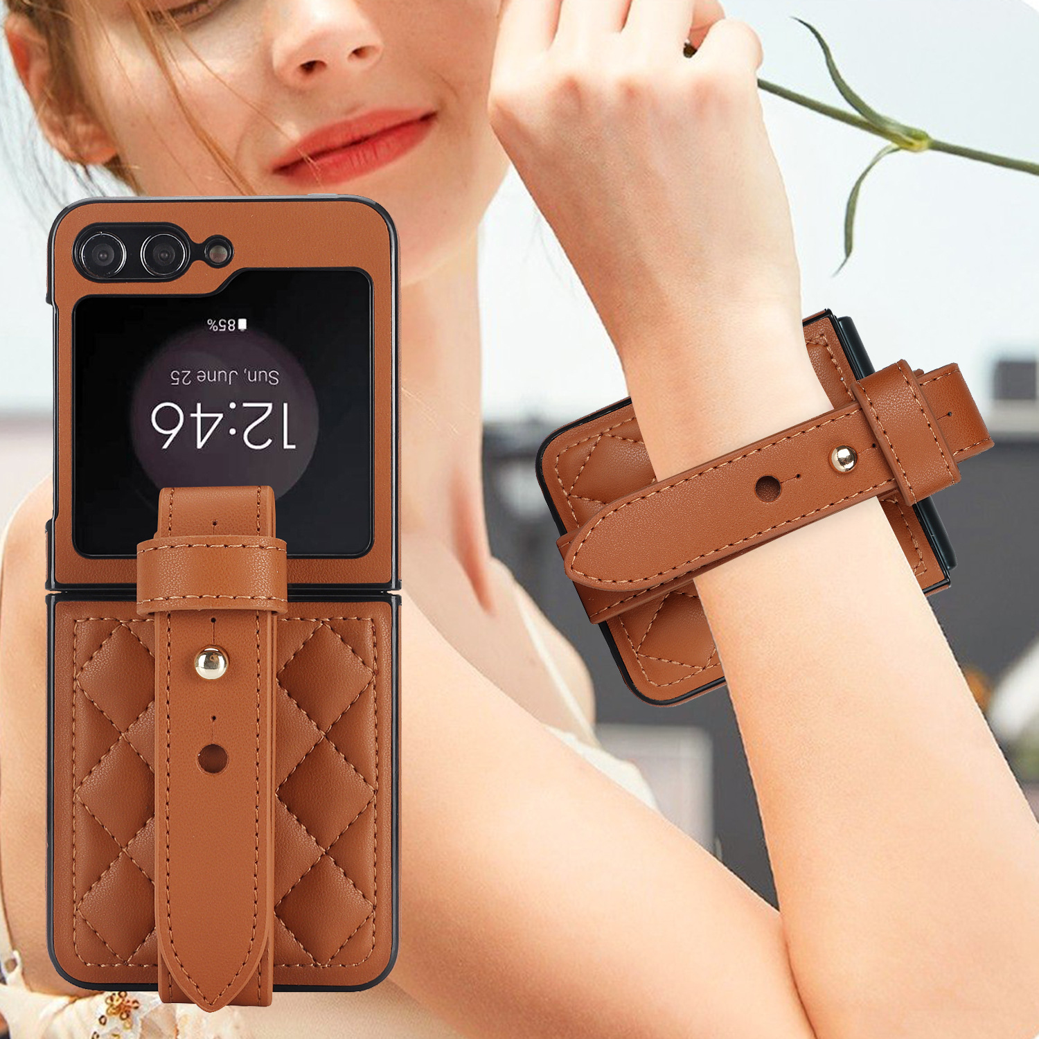 Compatible with Samsung ZFlip 7/6/5 phone cases, 4/3 vegan leather diamond pattern, Huawei/OPPO wrist strap folding protective case