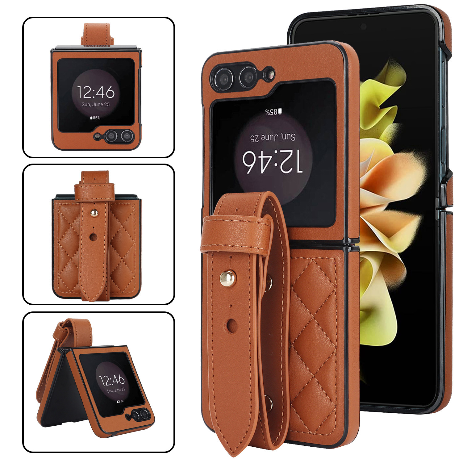 Compatible with Samsung ZFlip 7/6/5 phone cases, 4/3 vegan leather diamond pattern, Huawei/OPPO wrist strap folding protective case