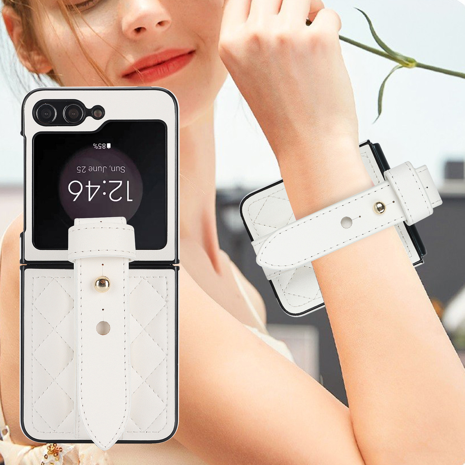 Compatible with Samsung ZFlip 7/6/5 phone cases, 4/3 vegan leather diamond pattern, Huawei/OPPO wrist strap folding protective case