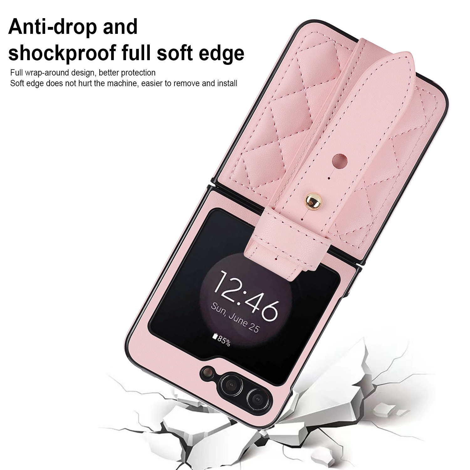 Compatible with Samsung ZFlip 7/6/5 phone cases, 4/3 vegan leather diamond pattern, Huawei/OPPO wrist strap folding protective case