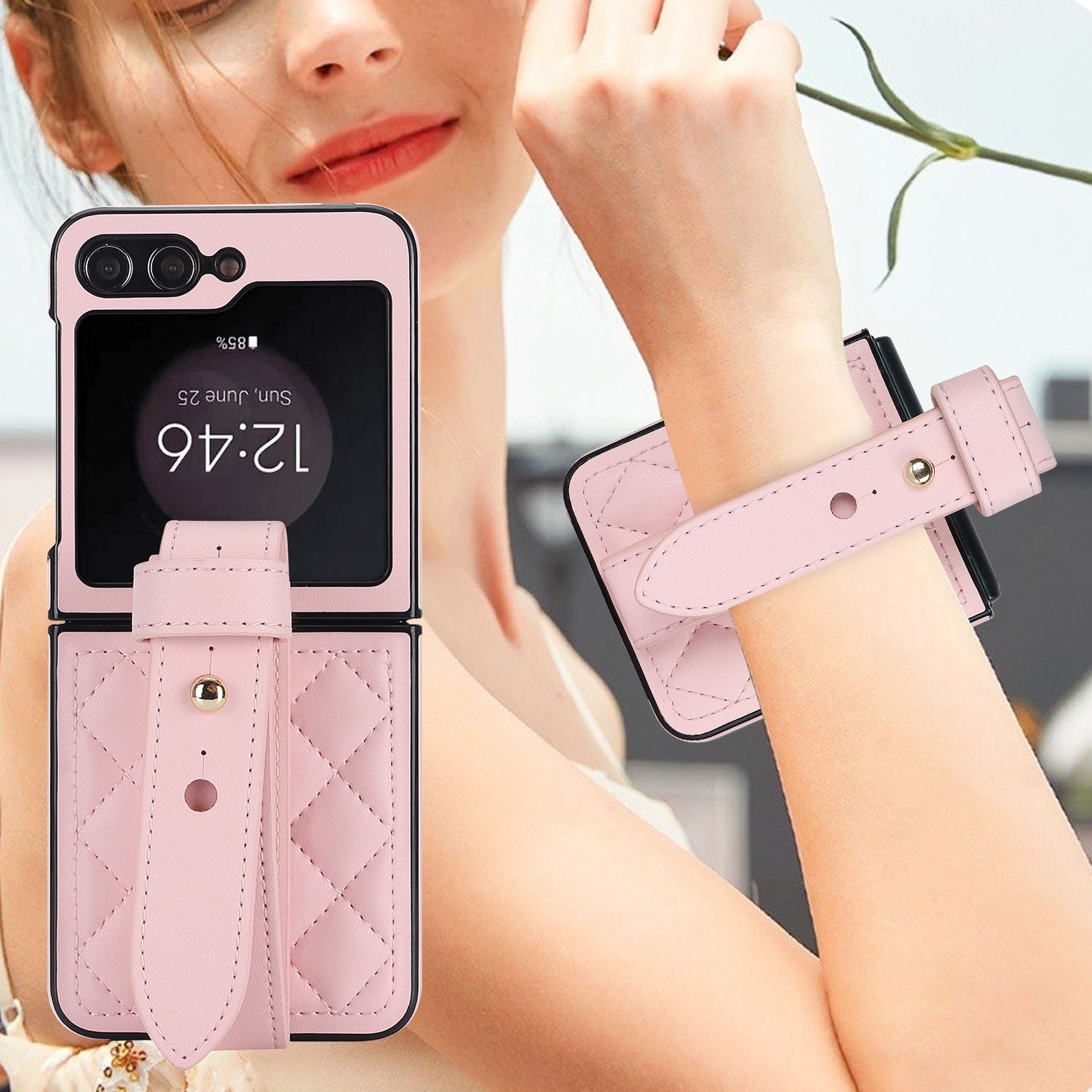 Compatible with Samsung ZFlip 7/6/5 phone cases, 4/3 vegan leather diamond pattern, Huawei/OPPO wrist strap folding protective case