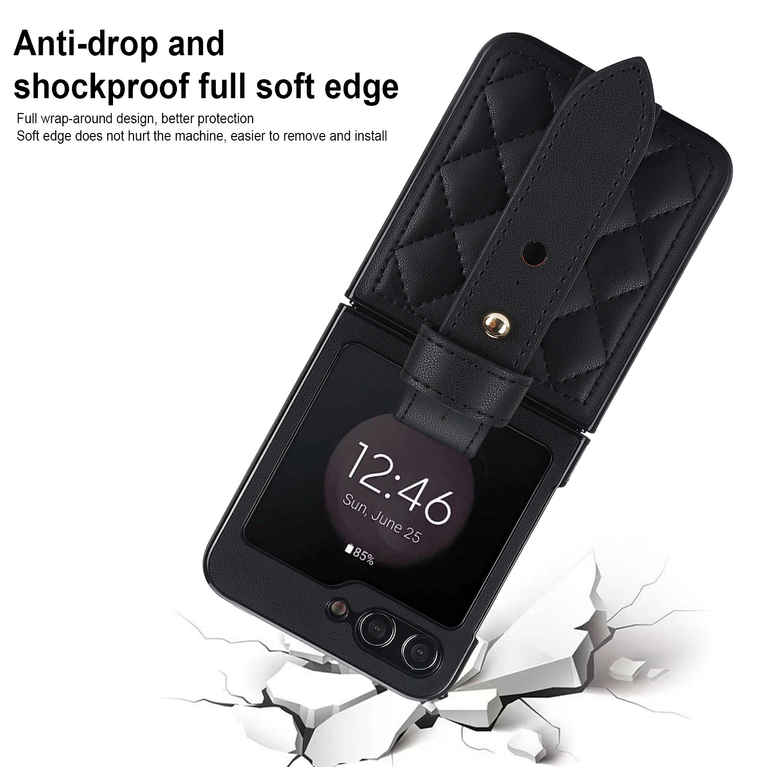 Compatible with Samsung ZFlip 7/6/5 phone cases, 4/3 vegan leather diamond pattern, Huawei/OPPO wrist strap folding protective case