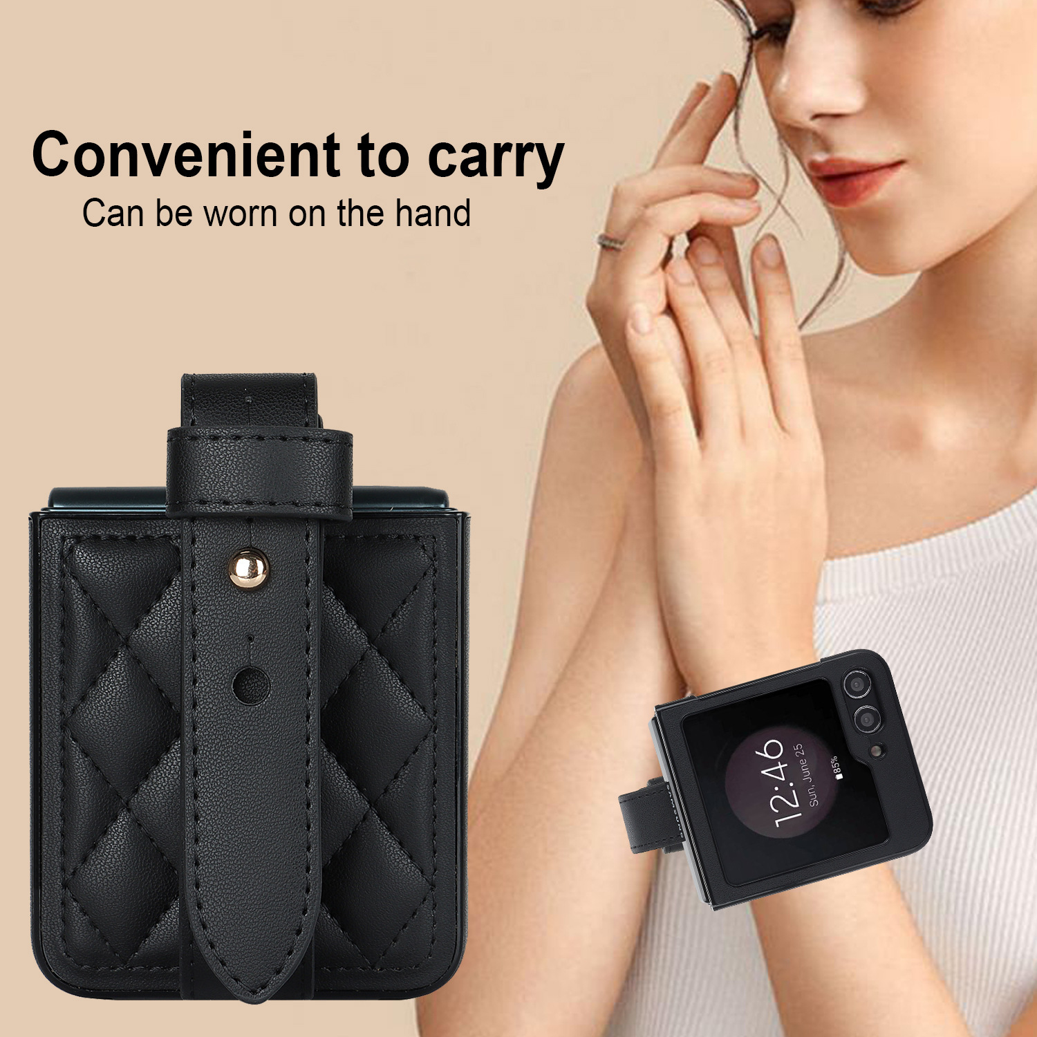 Compatible with Samsung ZFlip 7/6/5 phone cases, 4/3 vegan leather diamond pattern, Huawei/OPPO wrist strap folding protective case