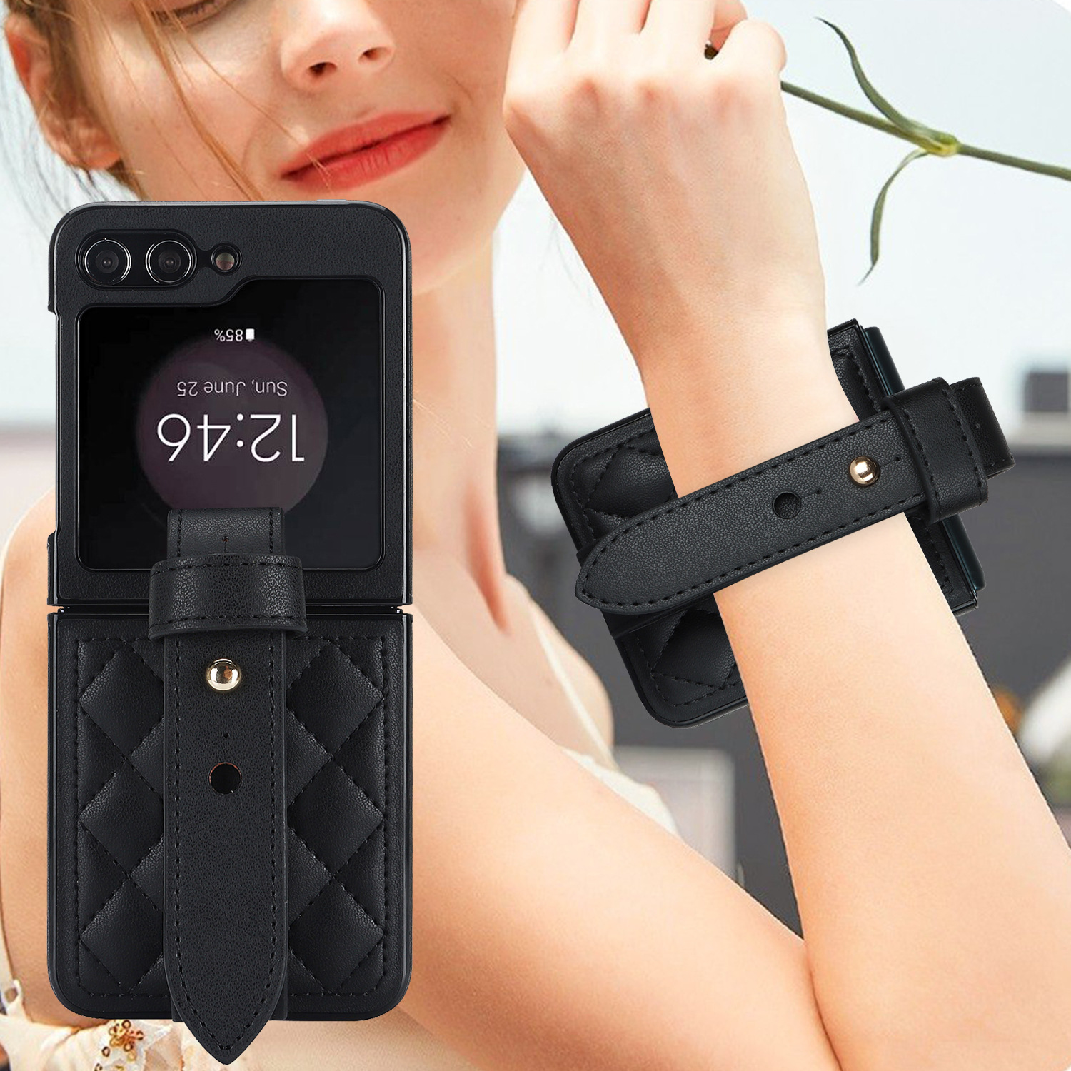 Compatible with Samsung ZFlip 7/6/5 phone cases, 4/3 vegan leather diamond pattern, Huawei/OPPO wrist strap folding protective case