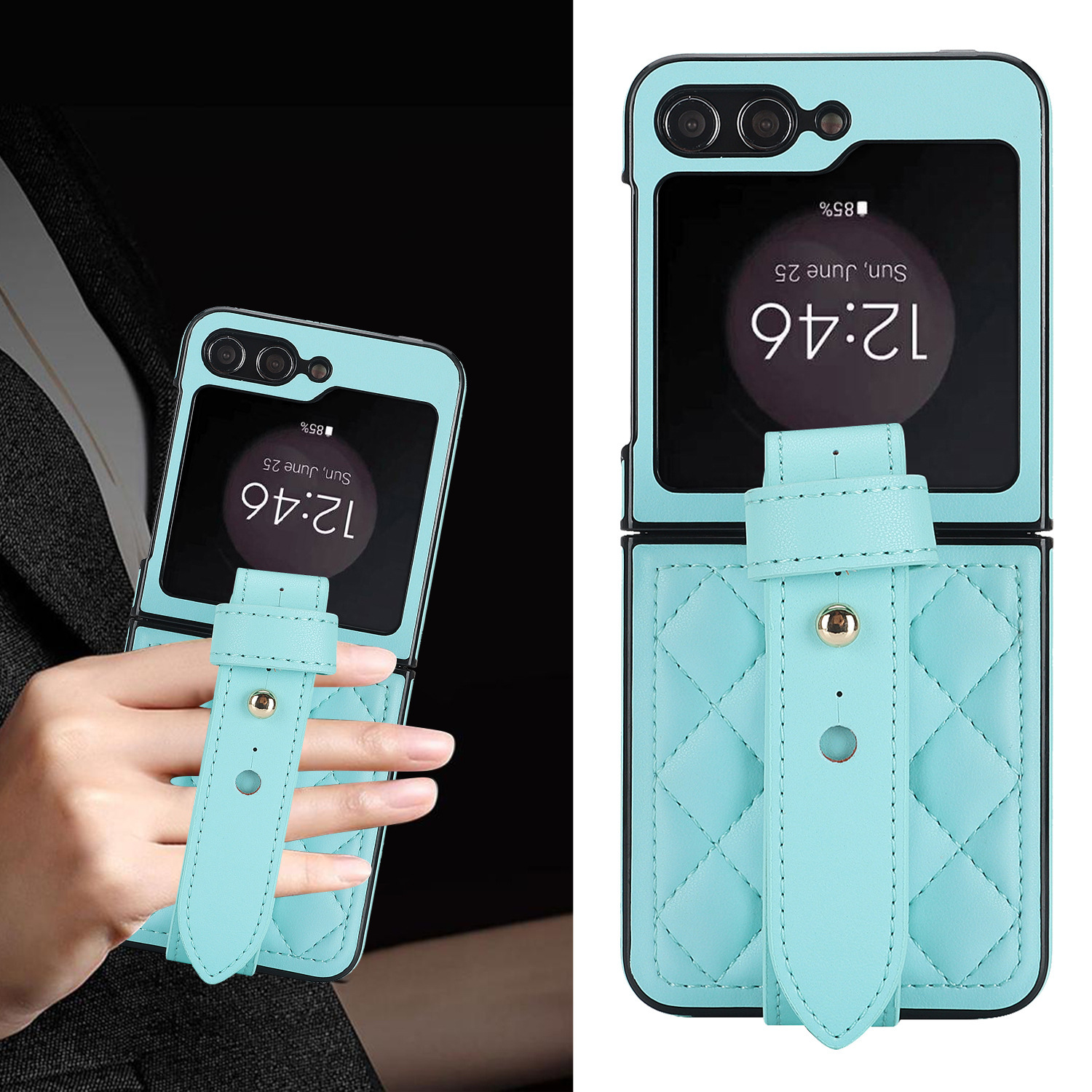 Compatible with Samsung ZFlip 7/6/5 phone cases, 4/3 vegan leather diamond pattern, Huawei/OPPO wrist strap folding protective case
