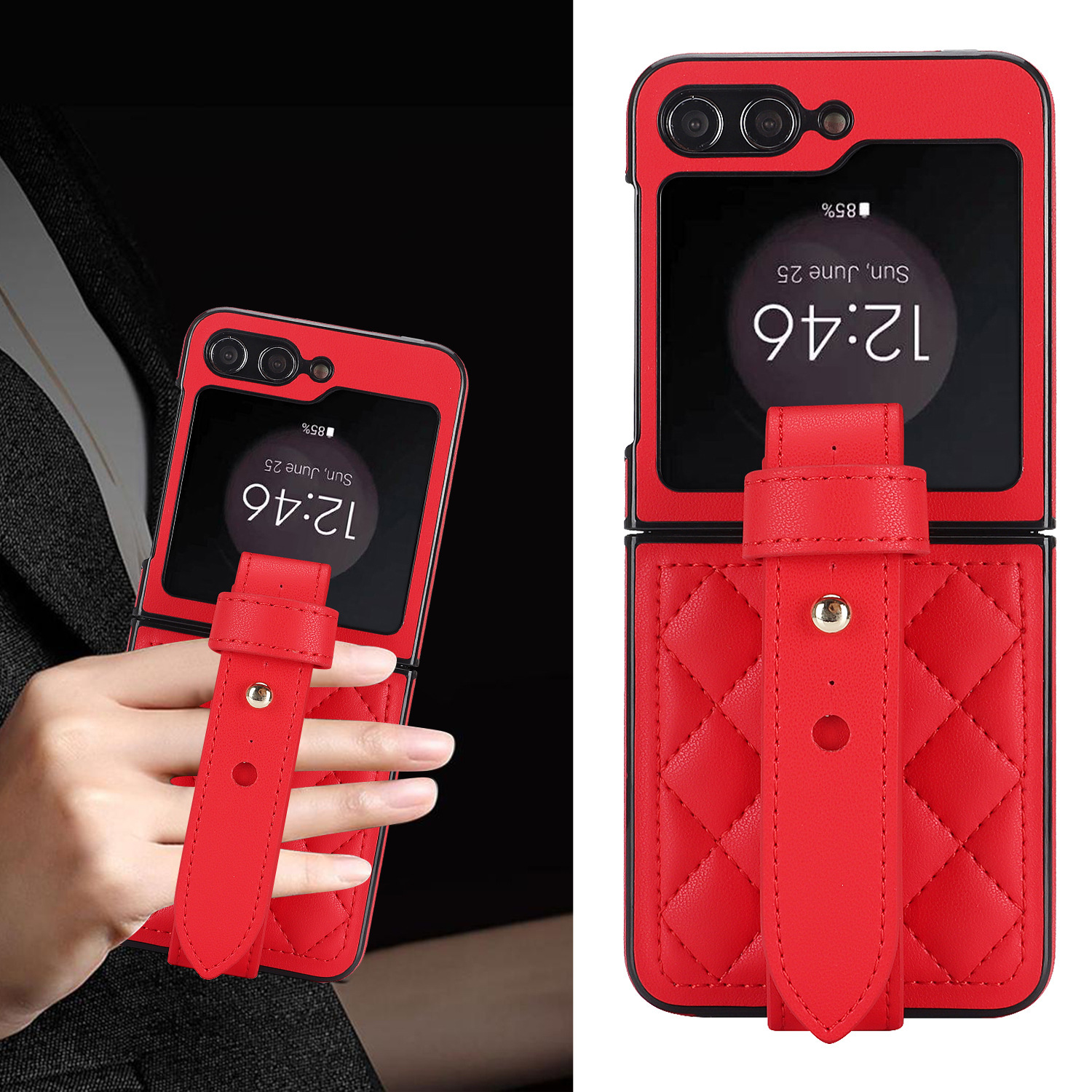 Compatible with Samsung ZFlip 7/6/5 phone cases, 4/3 vegan leather diamond pattern, Huawei/OPPO wrist strap folding protective case