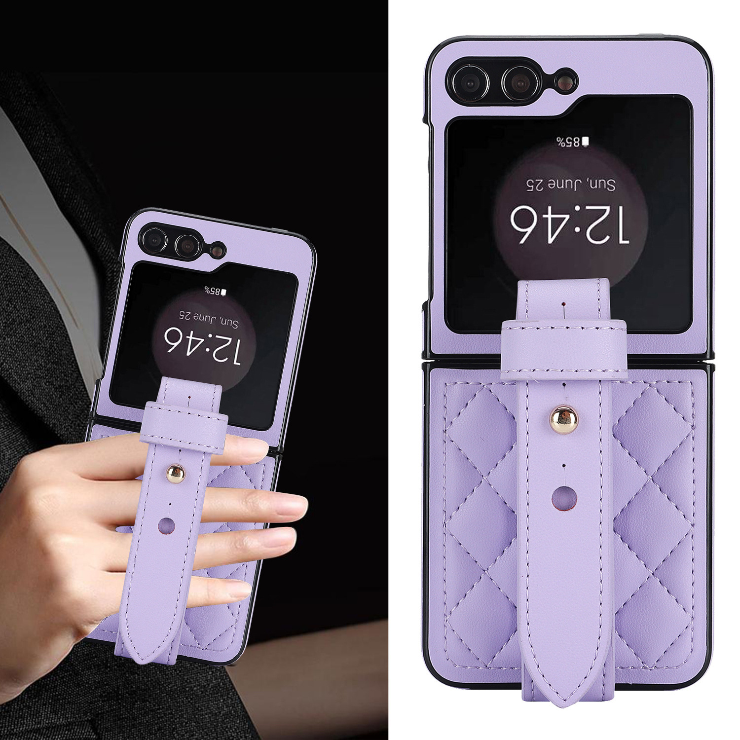 Compatible with Samsung ZFlip 7/6/5 phone cases, 4/3 vegan leather diamond pattern, Huawei/OPPO wrist strap folding protective case
