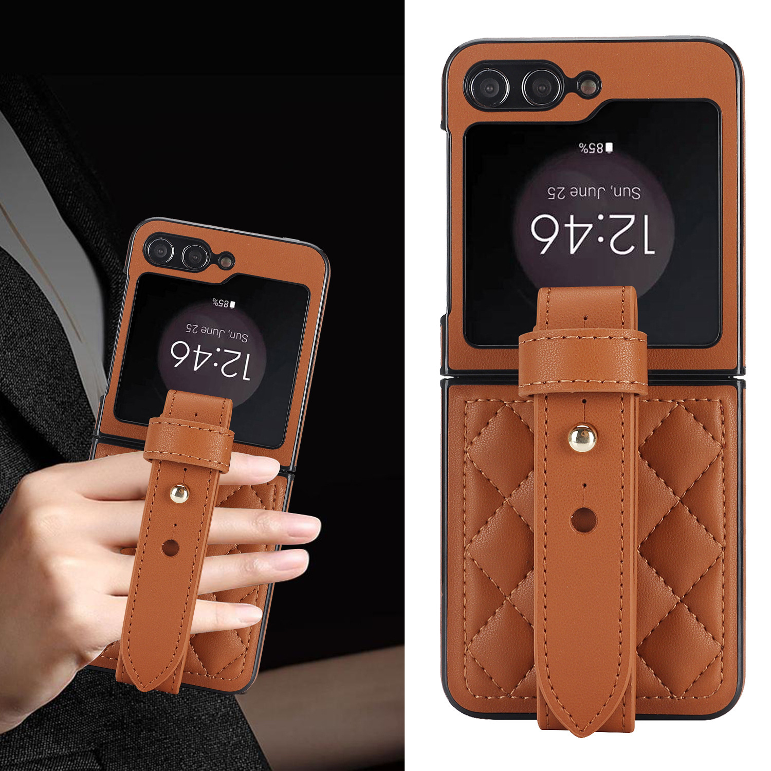 Compatible with Samsung ZFlip 7/6/5 phone cases, 4/3 vegan leather diamond pattern, Huawei/OPPO wrist strap folding protective case