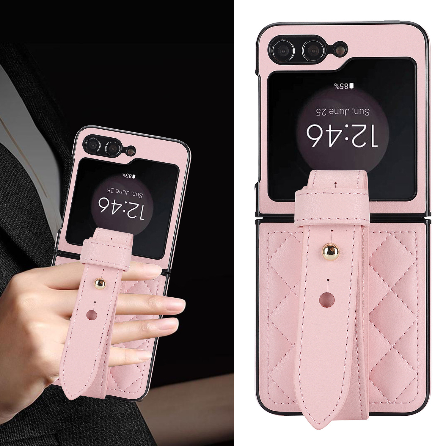 Compatible with Samsung ZFlip 7/6/5 phone cases, 4/3 vegan leather diamond pattern, Huawei/OPPO wrist strap folding protective case