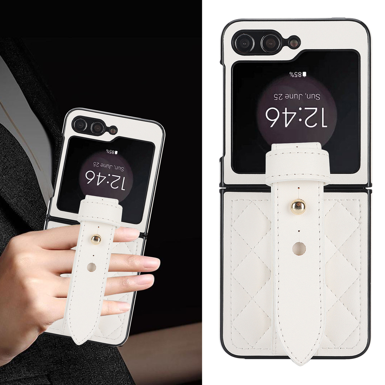 Compatible with Samsung ZFlip 7/6/5 phone cases, 4/3 vegan leather diamond pattern, Huawei/OPPO wrist strap folding protective case