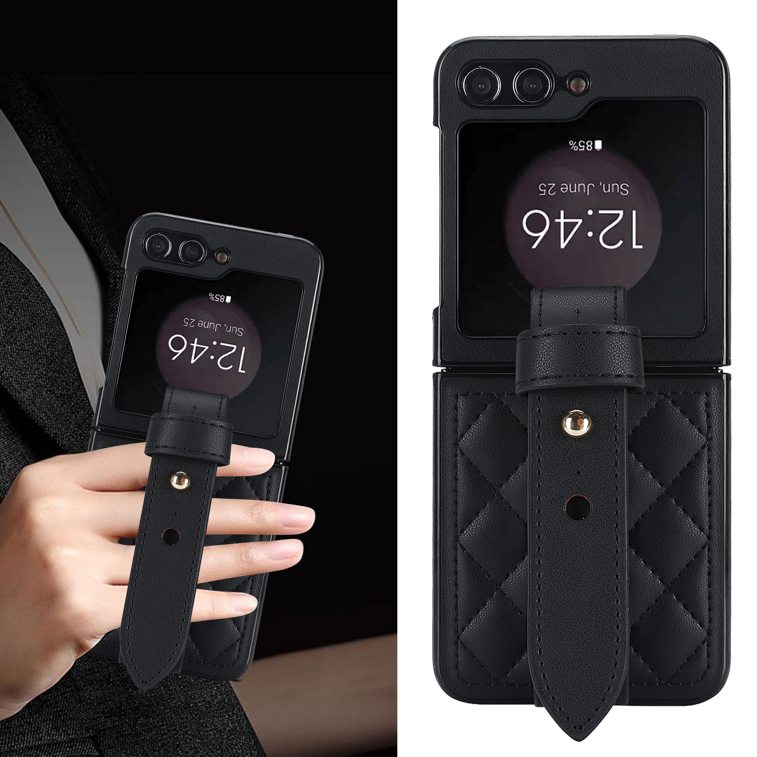 Compatible with Samsung ZFlip 7/6/5 phone cases, 4/3 vegan leather diamond pattern, Huawei/OPPO wrist strap folding protective case