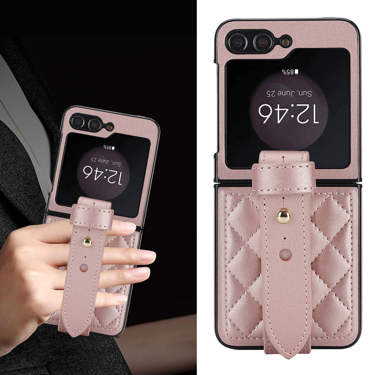 Compatible with Samsung ZFlip 7/6/5 phone cases, 4/3 vegan leather diamond pattern, Huawei/OPPO wrist strap folding protective case